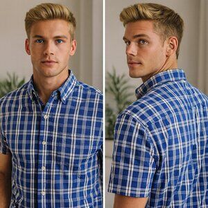 Abercrombie Fitch Men M Muscle Blue Plaid Short Sleeve Shirt Y2K Classic Casual
